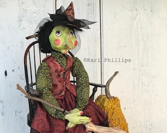Halloween Witch Art Doll de Kari Phillips OOAK hecho a mano "Wilhemina" muñeca bruja - firmado original- con derechos de autor