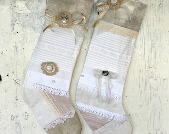 Invierno blanco Vintage & antiguo bordado encaje Patchwork Navidad media, uno de un tipo Farmhouse Navidad