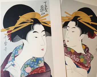 Reproducción Vintage Japonesa Geisha Woodblock Imprime Lote de 2, circa 1950 Litografía Arte pared