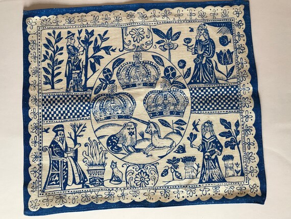 British Jacobean Old English Vintage woodblock printed linen set of 4 placemats Indigo Blue