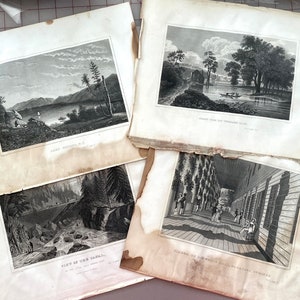 May include: Four antique landscape prints with black and white illustrations. The prints depict scenes of nature, including a lake, a canal, and a building with people. The prints are on aged paper with visible staining.