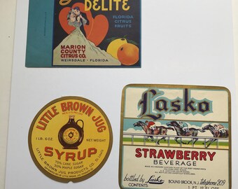 Etiquetas de alimentos vintage -Lote de 3 etiquetas originales- alrededor de 1930 Vintage Beverage Art decoración