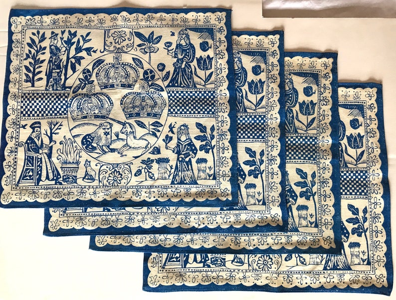 British Jacobean Old English Vintage woodblock printed linen set of 4 placemats Indigo Blue