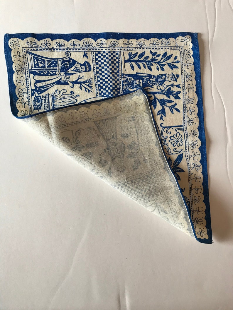 British Jacobean Old English Vintage woodblock printed linen set of 4 placemats Indigo Blue