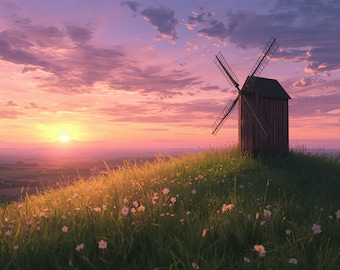 Può includere: Un paesaggio pittoresco con un mulino a vento in legno in cima a una collina erbosa, immerso nel caldo bagliore di un tramonto. Il cielo è una miscela di rosa e viola, con il sole che tramonta all'orizzonte. Fiori selvatici punteggiano il primo piano.