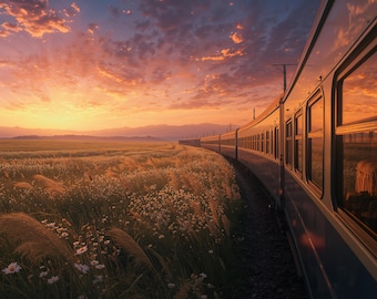 Può includere: Un treno viaggia lungo un binario attraverso un campo di erba alta e fiori selvatici al tramonto. Il cielo è pieno di nuvole arancioni e rosa. Il lato del treno è visibile, con finestre che riflettono il tramonto.