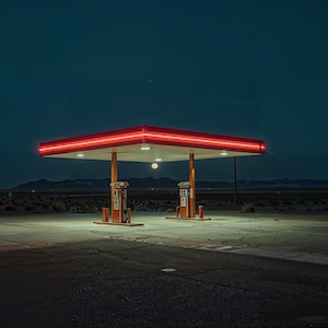 May include: An illuminated gas station at dusk. The canopy is outlined with a bright red neon light, casting a warm glow. Two gas pumps stand beneath the canopy. The scene is set against a dark blue sky and a desert landscape.