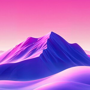 May include: Abstract digital art of a mountain range in shades of purple and blue, with a pink sky. The image features smooth, flowing lines and a gradient effect, creating a sense of depth and tranquility. The overall theme is nature and landscape.