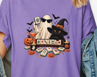 Mahjong Halloween Shirt, Spooky Mahjong Tee, Black Cat Mahjong Gift, Halloween Game Night Shirt, Comfort Colors Fall Tee