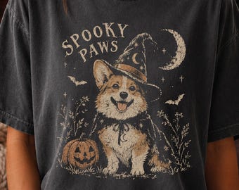 Halloween Corgi Shirt, Spooky Paws Tee, Witch Corgi Shirt, Vintage Dog Halloween Gift, Comfort Colors Spooky Season Tee