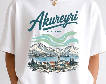 T-shirt Akureyri Islande, T-shirt de voyage pour les aurores boréales, Cadeau de vacances en Islande, T-shirt aventure nordique, T-shirt vintage aux couleurs confortables pour les voyages
