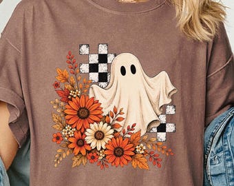 Fall Ghost Shirt, Cute Halloween Ghost Tee, Autumn Floral Halloween Shirt, Spooky Season Gift, Comfort Colors Fall Tee