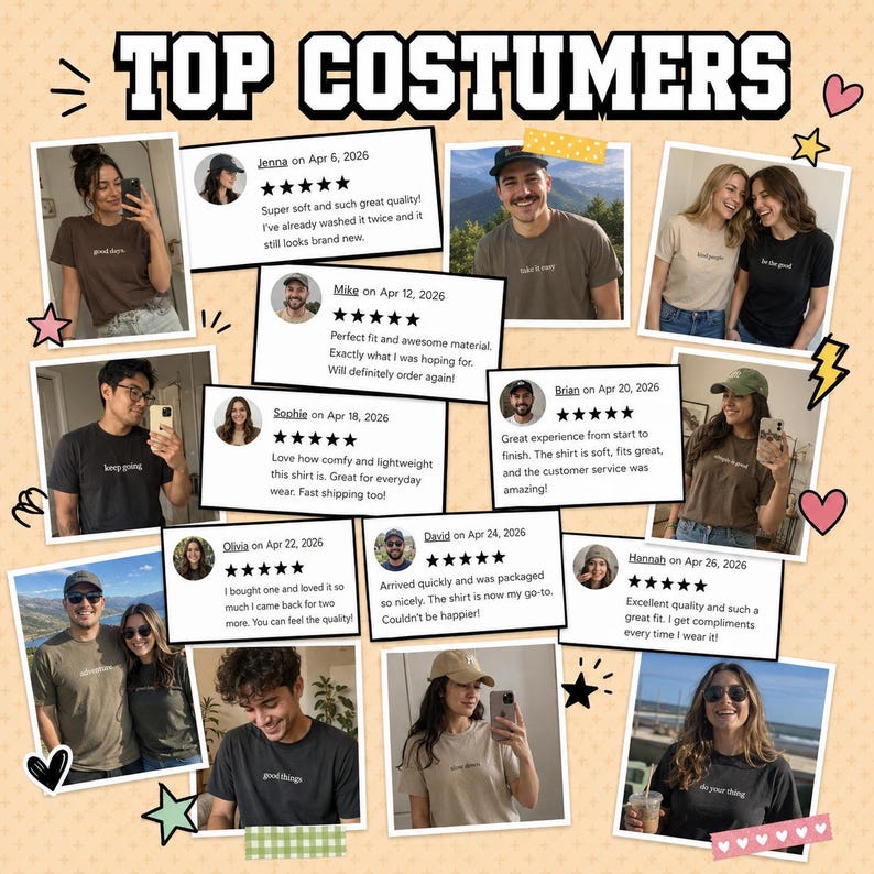 Peut inclure: Un collage intitul&eacute; TOP COSTUMERS pr&eacute;sentant plusieurs photographies de personnes portant divers t-shirts avec du texte imprim&eacute;, accompagn&eacute;es d'avis clients cinq &eacute;toiles, de dates et de noms, d&eacute;cor&eacute; de petites ic&ocirc;nes d'&eacute;toiles et de c&oelig;urs.
