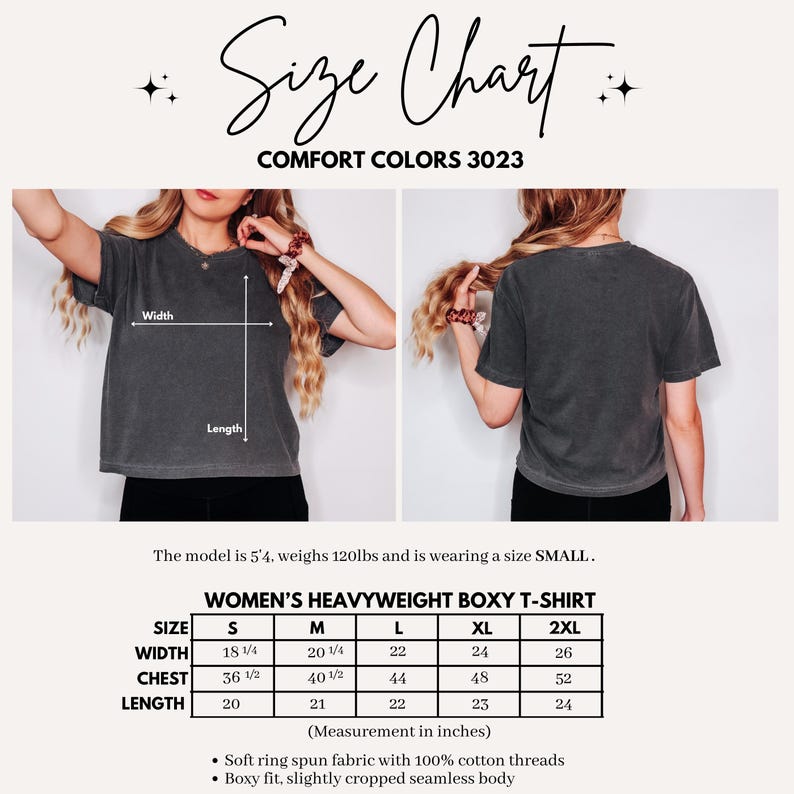 Peut inclure: Un tableau des tailles pour un t-shirt boxy &eacute;pais Comfort Colors 3023. L'image montre des vues avant et arri&egrave;re d'un t-shirt gris anthracite avec des indicateurs de largeur et de longueur, un tableau des tailles en pouces et des d&eacute;tails.
