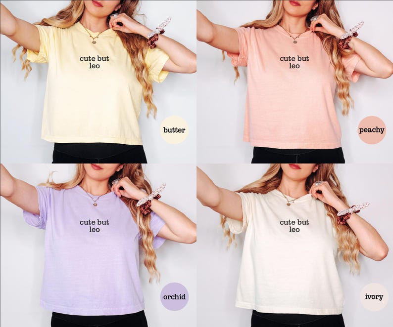 Peut inclure: Une collection de quatre t-shirts &agrave; manches courtes en jaune beurre, orange p&ecirc;che, violet orchid&eacute;e et blanc ivoire. Chaque t-shirt pr&eacute;sente un col rond et le texte noir "cute but leo" imprim&eacute; au centre de la poitrine.