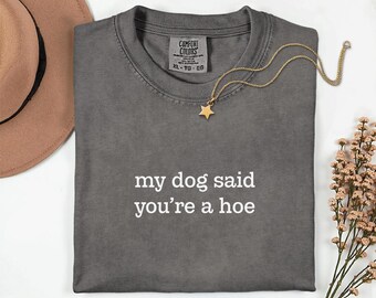 May include: A grey Comfort Colors t-shirt with the text "my dog said you're a hoe" in white. A gold star pendant necklace is draped across the shirt. A brown hat and dried flowers are in the background.