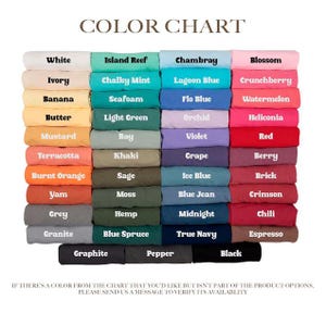 May include: A colour chart displaying folded fabric swatches in various shades including white, ivory, banana, butter, mustard, terracotta, burnt orange, yam, grey, granite, graphite, island reef, chalky mint, seafoam, light green, bay, khaki, sage, moss, hemp, blue spruce, pepper, chambray, lagoon blue, flo blue, orchid, violet, grape, ice blue, blue jean, midnight, true navy, blossom, crunchberry, watermelon, heliconia, red, berry, brick, crimson, chili, espresso, and black.
