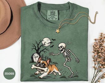 French Bulldog Halloween Shirt, Skeleton Dog Tee, Funny Frenchie Halloween Shirt, Spooky Dog Lover Gift, Comfort Colors Fall Tee