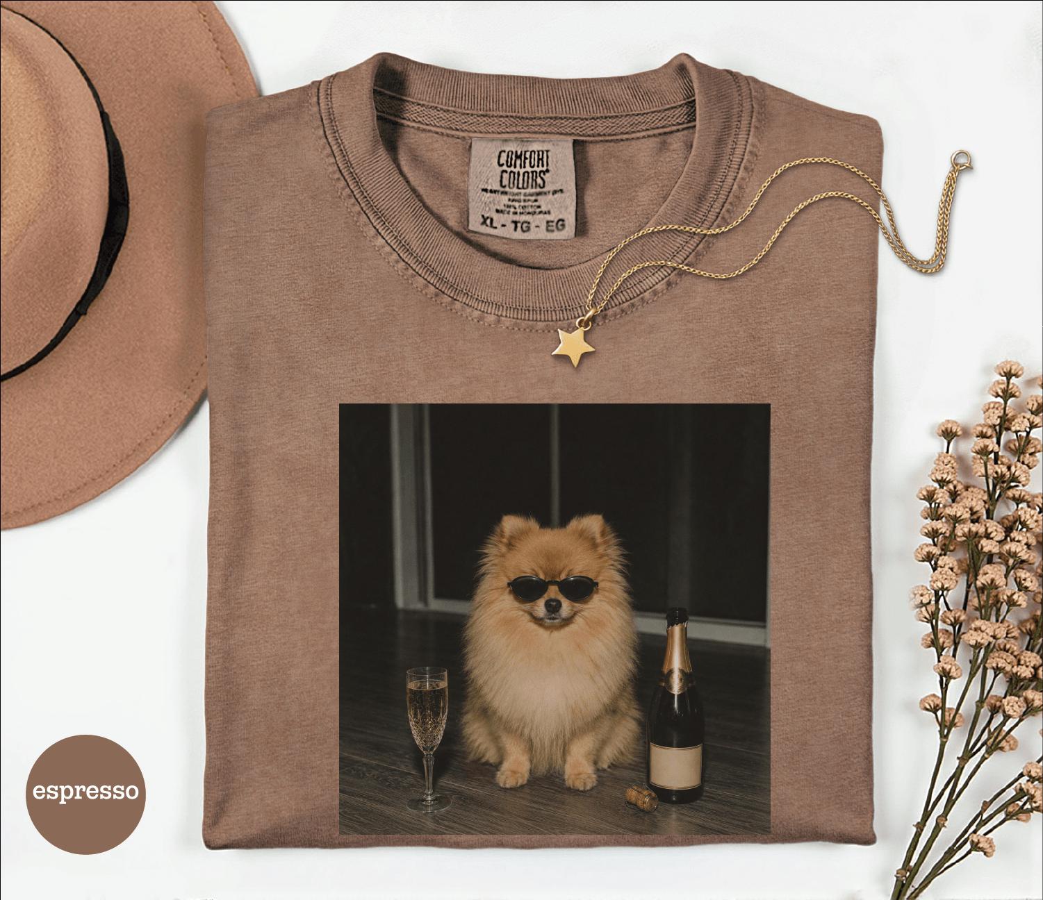 面白いポメラニアンシャンパンシャツ、ポメラニアン犬Tシャツ