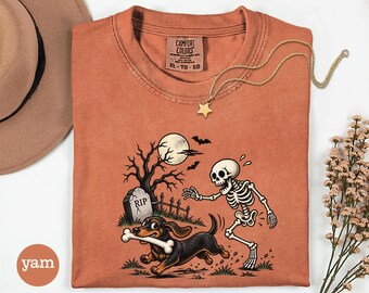 Halloween Dachshund Shirt, Skeleton Dog Tee, Funny Wiener Dog Halloween Shirt, Spooky Doxie Gift, Comfort Colors Fall Tee