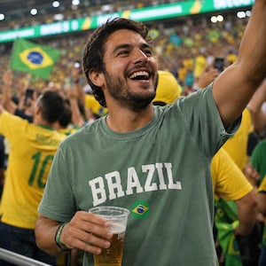 May include: A person wearing a green t-shirt with the word "BRAZIL" in white letters and a small Brazilian flag graphic. The person is smiling and holding a clear plastic cup with a light-colored beverage. The background shows a crowd of people.