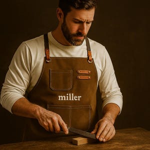 May include: Brown canvas apron with leather straps and accents. The apron has two front pockets and the name "miller" printed in white. The person is using a file on a small wooden block.