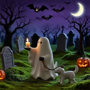 Figura de resina de fantasma con perro: decoración de escritorio kawaii de Halloween