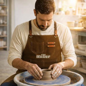 Puede incluir: Una persona con un delantal de cuero marrón con el nombre "miller" impreso en blanco trabaja en un torno de alfarero. El delantal tiene bolsillos y correas de cuero. La persona lleva una camisa crema de manga larga.