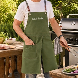 Personligt grillförkläde för män, anpassat kanvasgrillförkläde, matlagningsförkläde med delad fåll, broderat kockförkläde, present till pappa och make