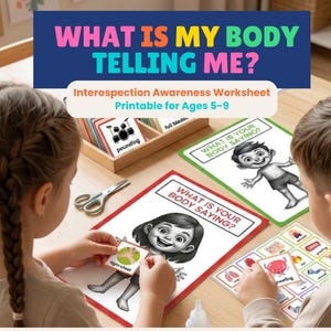 Può includere: Un set di schede didattiche sulla consapevolezza interocettiva intitolate What Is My Body Telling Me? e What Is Your Body Saying? con illustrazioni in bianco e nero di bambini, carte colorate che mostrano sensazioni fisiche e forbici.