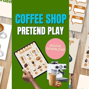 Può includere: Un download digitale per un set di giochi di ruolo di caffetteria. L'immagine presenta una macchina da caffè, un tablet che mostra un menu, denaro finto e tazze da caffè. Le parole "COFFEE SHOP PRETEND PLAY" sono visibili.