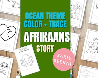 Afrikaans Storybook Coloring Pages, Ocean Theme Trace and Color, Kids Summer Activity Booklet, Montessori Early Learning Printable