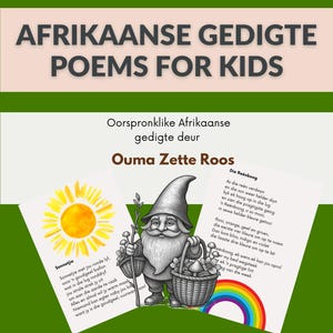 this is the listing cover image that features a black and white garden knome in the foreground and two pages with afrikaans poems about nature in the background. It mentions that the poems are orginal and was written by a grandmother that used to be a preschool teacher.