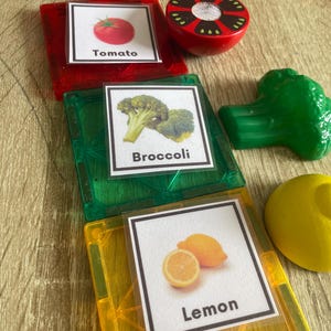 May include: A selection of toy food items, including a red tomato, green broccoli, and yellow lemon. Each item is paired with a card displaying its name. The image showcases educational toys for children, promoting healthy eating habits.