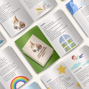 This is a collage of images from the afrikaans digital poems printable that showcases the 'gedigte' that forms part of the kids literature printable. The images featured are a rainbow, stars, knome, window, books and young boy flying among the clouds.
