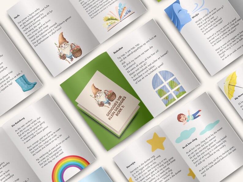 This is a collage of images from the afrikaans digital poems printable that showcases the 'gedigte' that forms part of the kids literature printable. The images featured are a rainbow, stars, knome, window, books and young boy flying among the clouds.