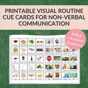 May include: Printable visual routine cue cards for non-verbal communication. The cards feature images of food items like raisins and spinach, and activities such as washing hands and reading. The pink circle says "Adhd + Autism Support".