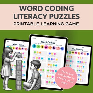May include: A digital illustration of a printable learning game with the text "WORD CODING LITERACY PUZZLES". The image shows children interacting with tablets and letter blocks. The game includes a template to create your own.