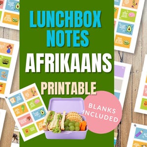 Puede incluir: Un fondo verde con las palabras "LUNCHBOX NOTES AFRIKAANS PRINTABLE" en blanco y azul. Varias hojas de notas coloridas para loncheras están dispersas en la imagen. Una lonchera morada con un sándwich, uvas y zanahorias está en primer plano.