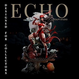 May include: A detailed resin statue of a female warrior in a red outfit holding a katana, standing over a fallen figure on a tiled roof base. The background features a large moon and clouds. Text reads ECHO DESIGNED FOR COLLECTORS SCULPT STUDIO.
