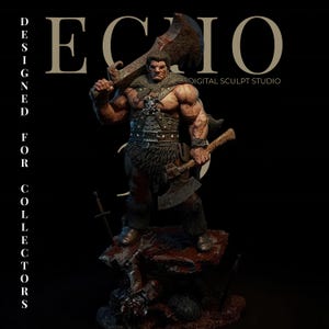 May include: A detailed digital sculpture of a muscular warrior, holding a large axe and a smaller one. The figure is clad in fur and armor, standing on a blood-stained rock. The text "ECHO DIGITAL SCULPT STUDIO" is visible.