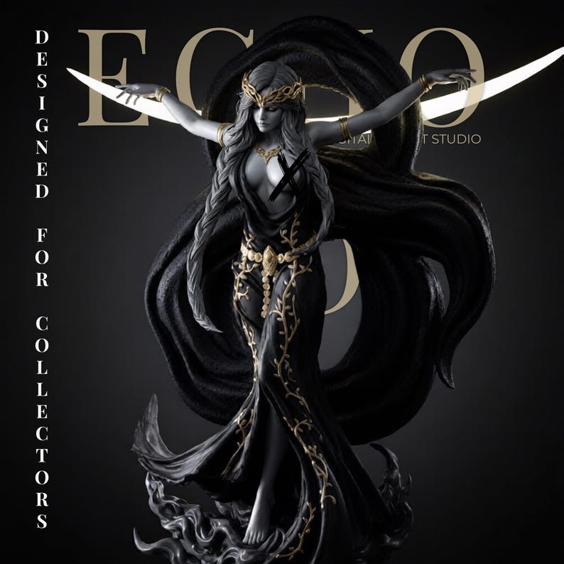 May include: A grey-toned female figurine wearing a long black dress with gold vine patterns, a gold crown, and gold armbands. The figure stands with arms outstretched, framed by a large crescent moon shape. Text reads DESIGNED FOR COLLECTORS.