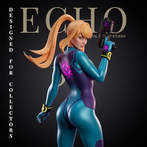 May include: A collectible figurine of a blonde character in a teal and purple bodysuit with a high ponytail, holding a black and purple futuristic blaster. The figure features glowing pink accents on the back and wrist cuffs, set against a dark background with the text ECHO DESIGNED FOR COLLECTORS.