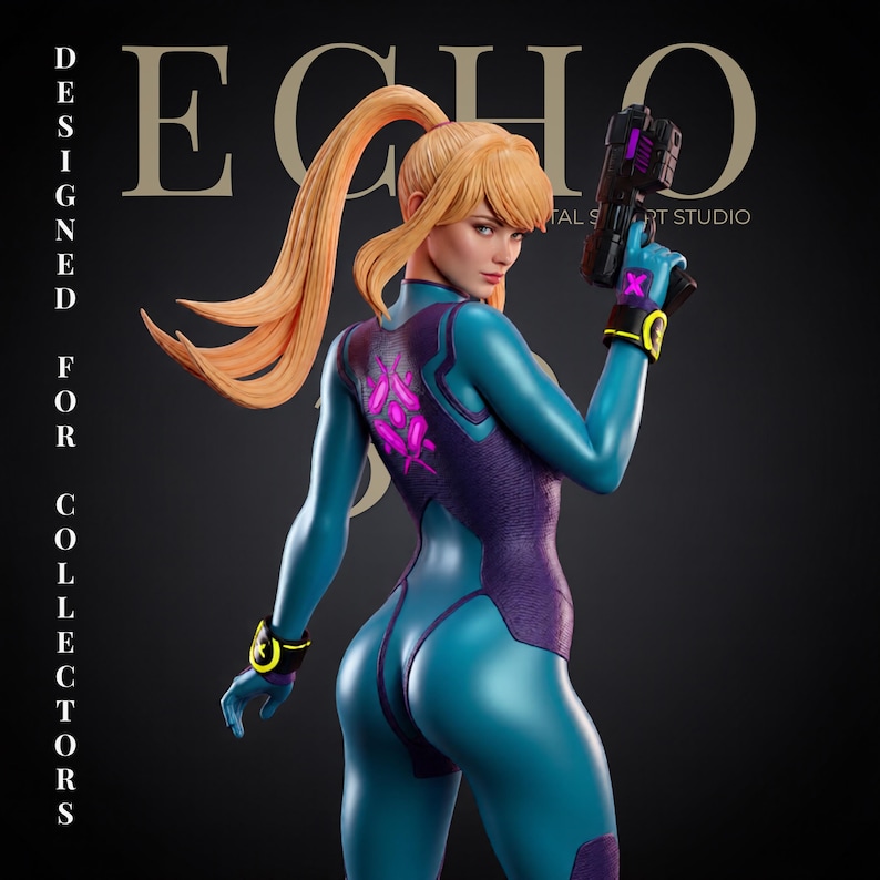 May include: A collectible figurine of a blonde character in a teal and purple bodysuit with a high ponytail, holding a black and purple futuristic blaster. The figure features glowing pink accents on the back and wrist cuffs, set against a dark background with the text ECHO DESIGNED FOR COLLECTORS.