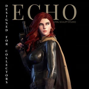 Peut inclure: Sculpture numérique d'une femme aux cheveux roux, vêtue d'une tenue noire et tenant une arme à feu. L'image comprend le texte "ECHO DIGITAL SCULPT STUDIO" et "DESIGNED FOR COLLECTORS" sur fond noir.