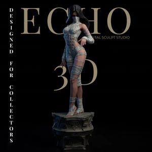 May include: A 3D sculpture of a female figure in a white, form-fitting outfit with bandages, standing on a stone pedestal. The background is black with the text "ECHO 3D" and "DESIGNED FOR COLLECTORS".