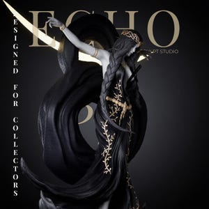 May include: A black and gold figurine of a figure with long braided hair wearing a crown and a flowing gown with gold vine patterns. The figure has arms outstretched and is positioned against a black background with the text ECHO DESIGNED FOR COLLECTORS.
