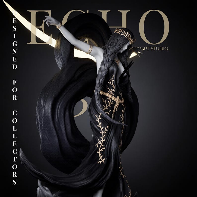 May include: A black and gold figurine of a figure with long braided hair wearing a crown and a flowing gown with gold vine patterns. The figure has arms outstretched and is positioned against a black background with the text ECHO DESIGNED FOR COLLECTORS.
