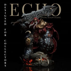 May include: A detailed statue of a warrior figure, holding a large sword and shield. The figure is clad in red and gold armor, with long white hair. The base features a monster's head with glowing eyes and flames. Text on the image reads "ECHO DESIGNED FOR COLLECTORS DIGITAL SCULPT STUDIO."