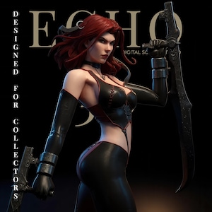 May include: A detailed digital sculpture of a female warrior with red hair, wearing a black and red outfit, holding a large sword and a smaller weapon. The image has the text "ECHO DESIGNED FOR COLLECTORS".
